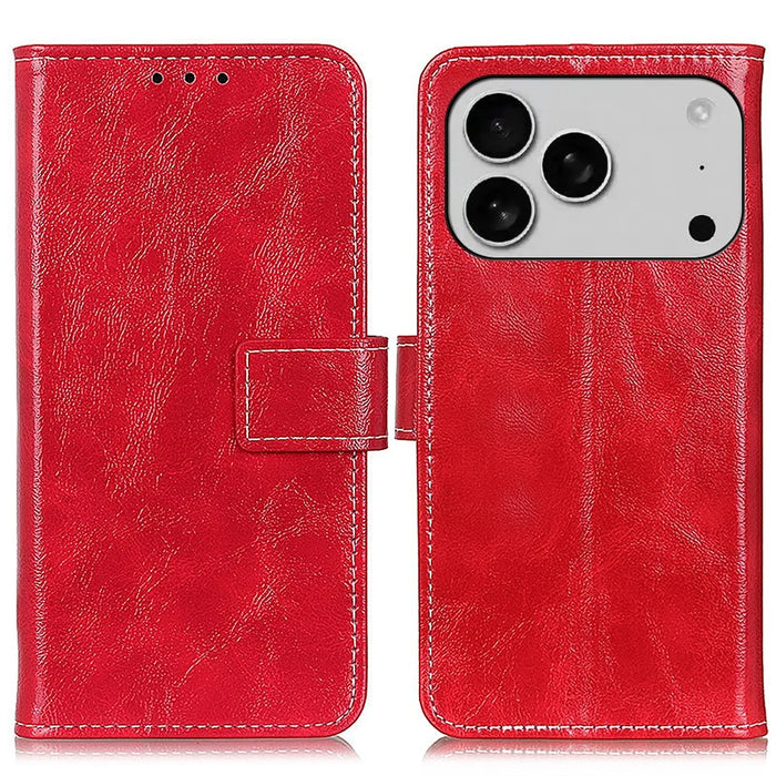 For iPhone 18 Pro / 17 Pro Case Wallet Leather Phone Cover Crazy Horse Texture - Red - 1