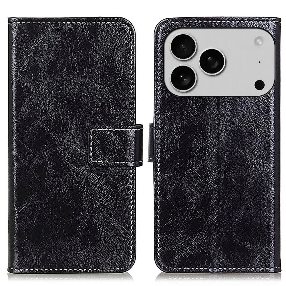 For iPhone 18 Pro Max / 17 Pro Max Case Wallet Leather Phone Cover Crazy Horse Texture - Black - 1