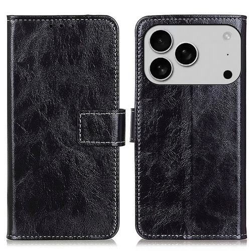 For iPhone 18 Pro Max / 17 Pro Max Case Wallet Leather Phone Cover Crazy Horse Texture - Black - 1