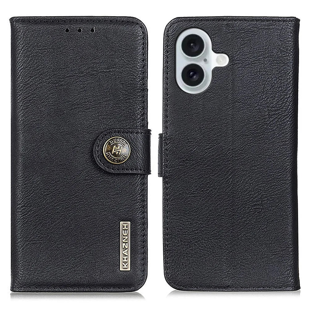 KHAZNEH For iPhone 17 Wallet Case Cowhide Texture Leather Flip Phone Cover - Black - 1