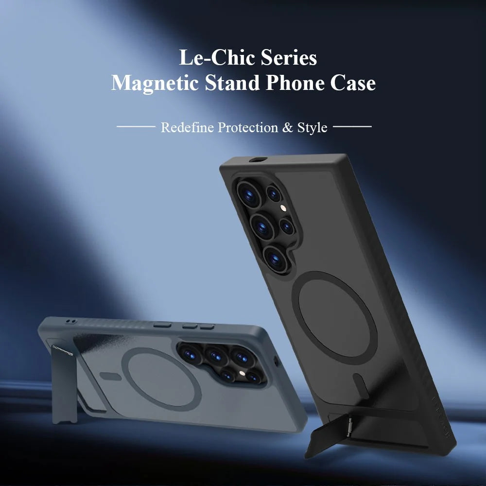 LEREACH Le-Chic Series For Samsung Galaxy S24 Ultra Magnetic Case Kickstand TPU + PC Phone Cover - Black - 7