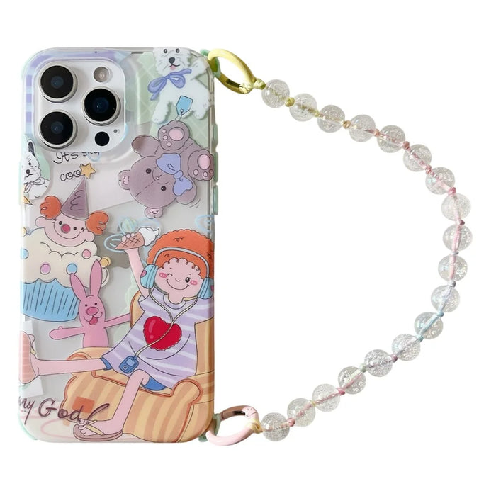 For iPhone 16 Pro Max Case IMD Cute Music Girl TPU Phone Cover with Beaded Strap - 1
