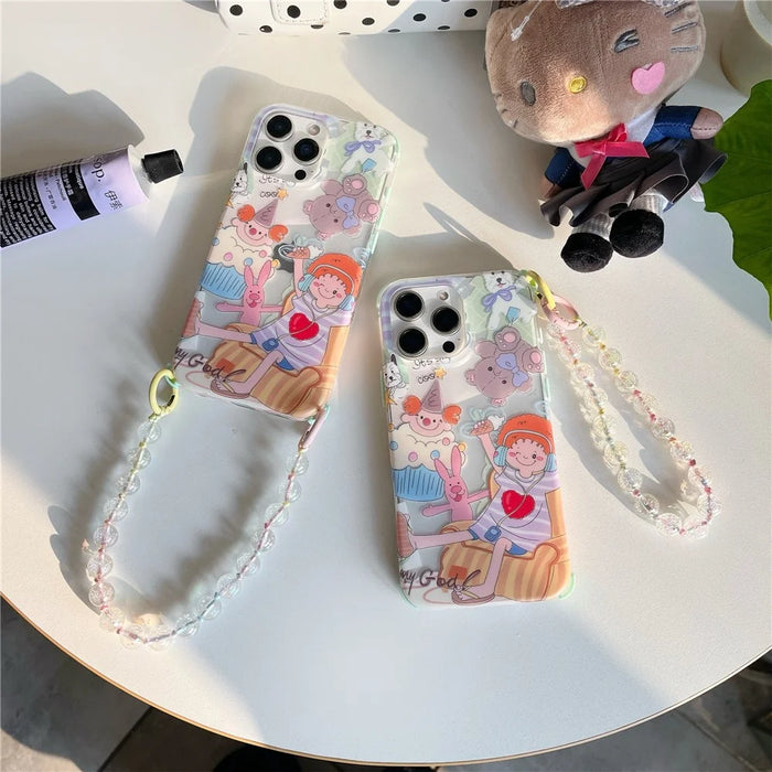 For iPhone 16 Pro Max Case IMD Cute Music Girl TPU Phone Cover with Beaded Strap - 3