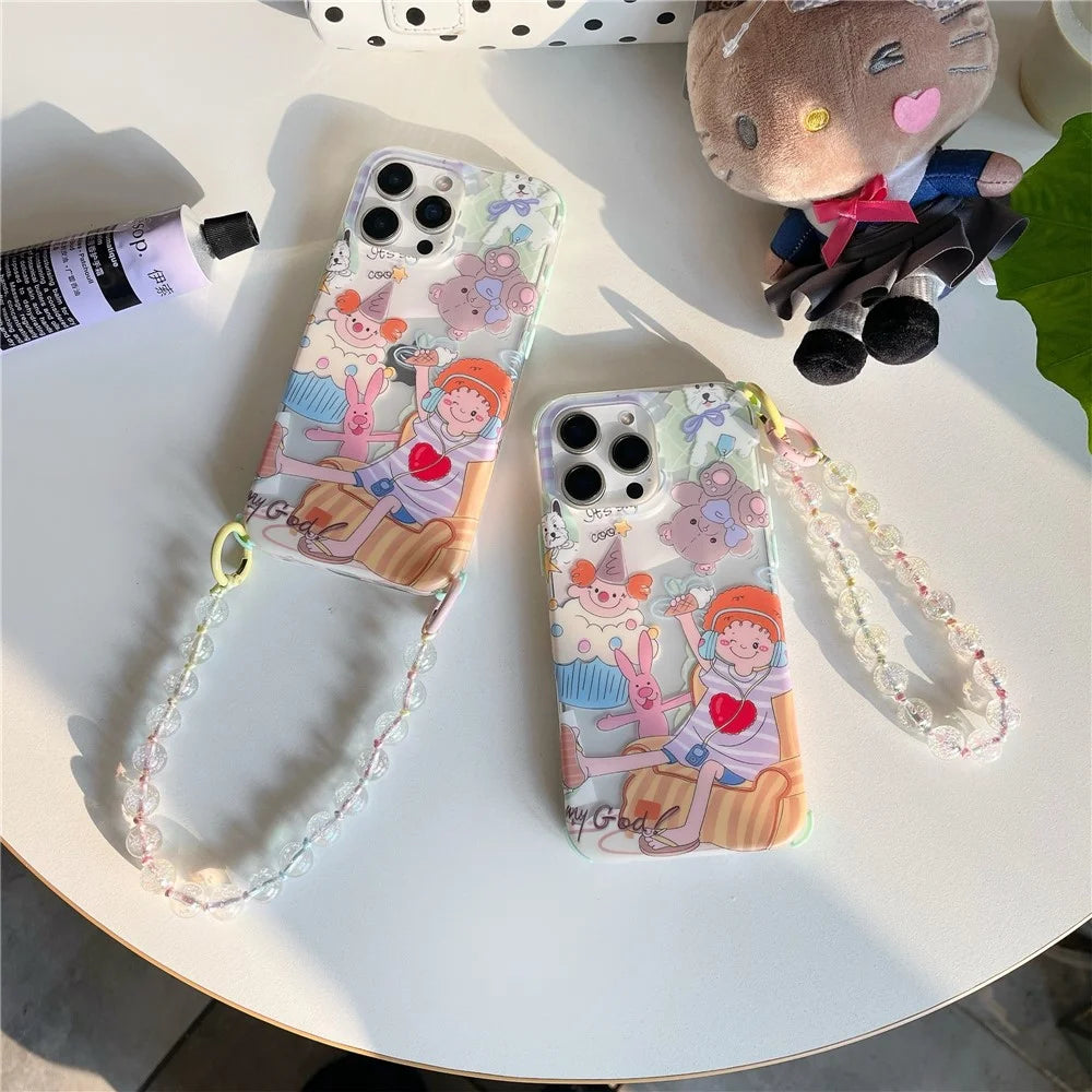 For iPhone 15 Pro Max Case IMD Cute Music Girl TPU Phone Cover with Beaded Strap - 3