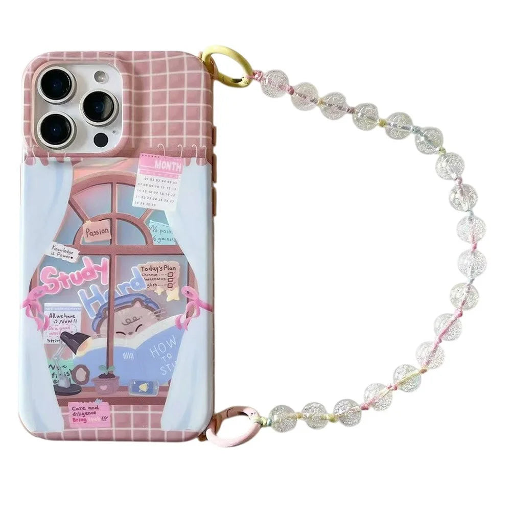 For iPhone 16 Pro Max Case IMD Cat Reading Design TPU Phone Cover with Beaded Strap - 1