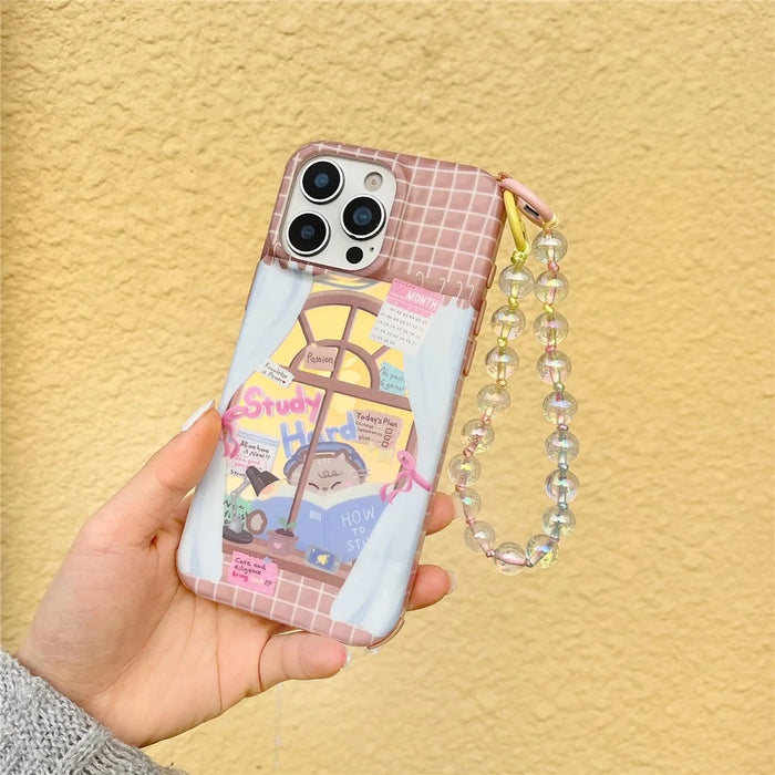 For iPhone 16 Pro Max Case IMD Cat Reading Design TPU Phone Cover with Beaded Strap - 3