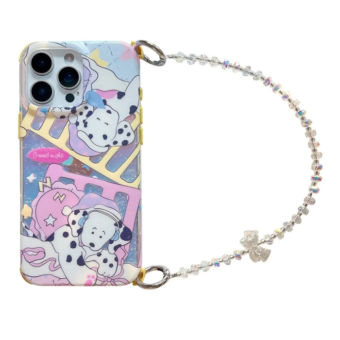 For iPhone 16 Pro Case IMD Cartoon Dalmatian TPU Phone Cover with Beaded Strap - 1