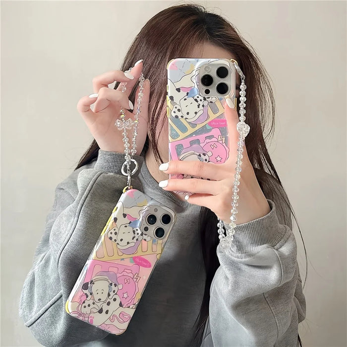 For iPhone 15 Pro Max Case IMD Cartoon Dalmatian TPU Phone Cover with Beaded Strap - 3