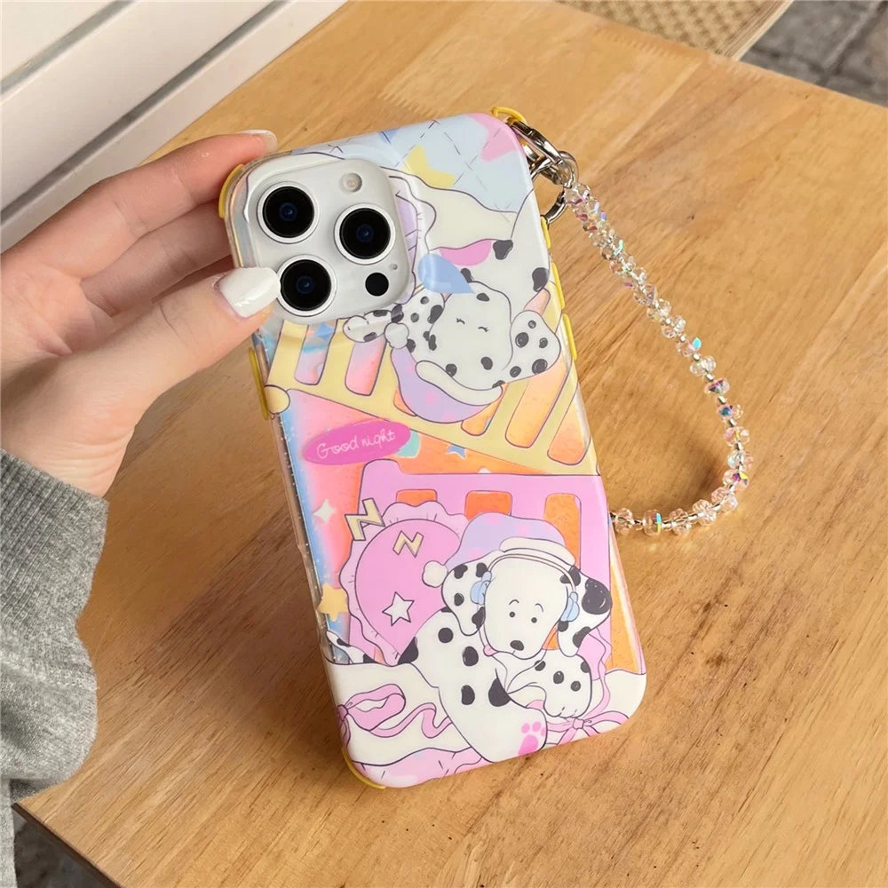 For iPhone 15 Pro Case IMD Cartoon Dalmatian TPU Phone Cover with Beaded Strap - 6