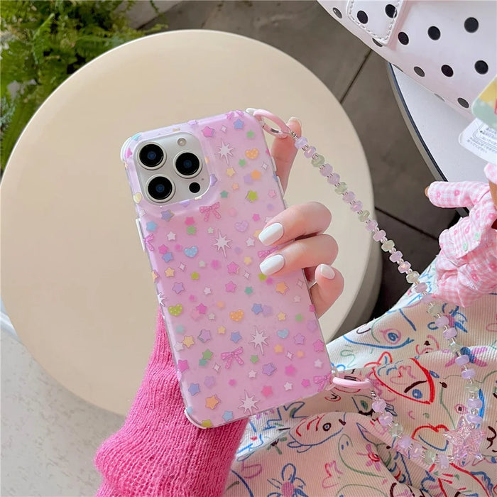 For iPhone 15 Pro Max Case IMD Star Design TPU Phone Cover with Beaded Strap - Pink - 2