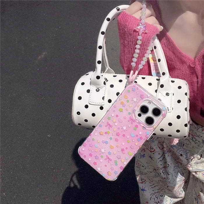 For iPhone 15 Pro Max Case IMD Star Design TPU Phone Cover with Beaded Strap - Pink - 6