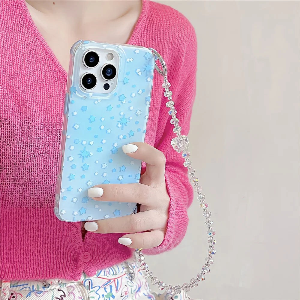 For iPhone 15 Pro Case IMD Star Design TPU Phone Cover with Beaded Strap - Blue - 2