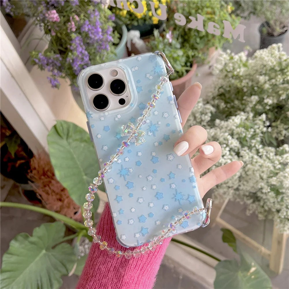 For iPhone 15 Pro Case IMD Star Design TPU Phone Cover with Beaded Strap - Blue - 3
