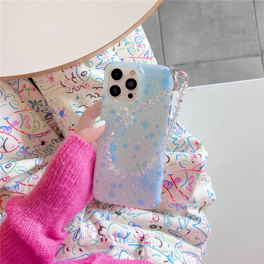 For iPhone 15 Pro Case IMD Star Design TPU Phone Cover with Beaded Strap - Blue - 4