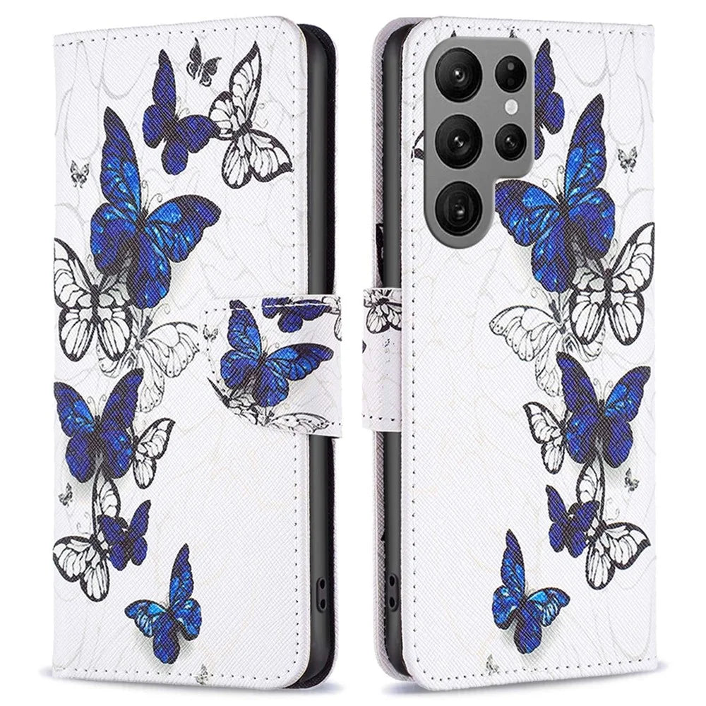 For Samsung Galaxy S23 Ultra Leather Case Pattern Printing Wallet Stand Flip Mobile Cover - Butterflies - 1