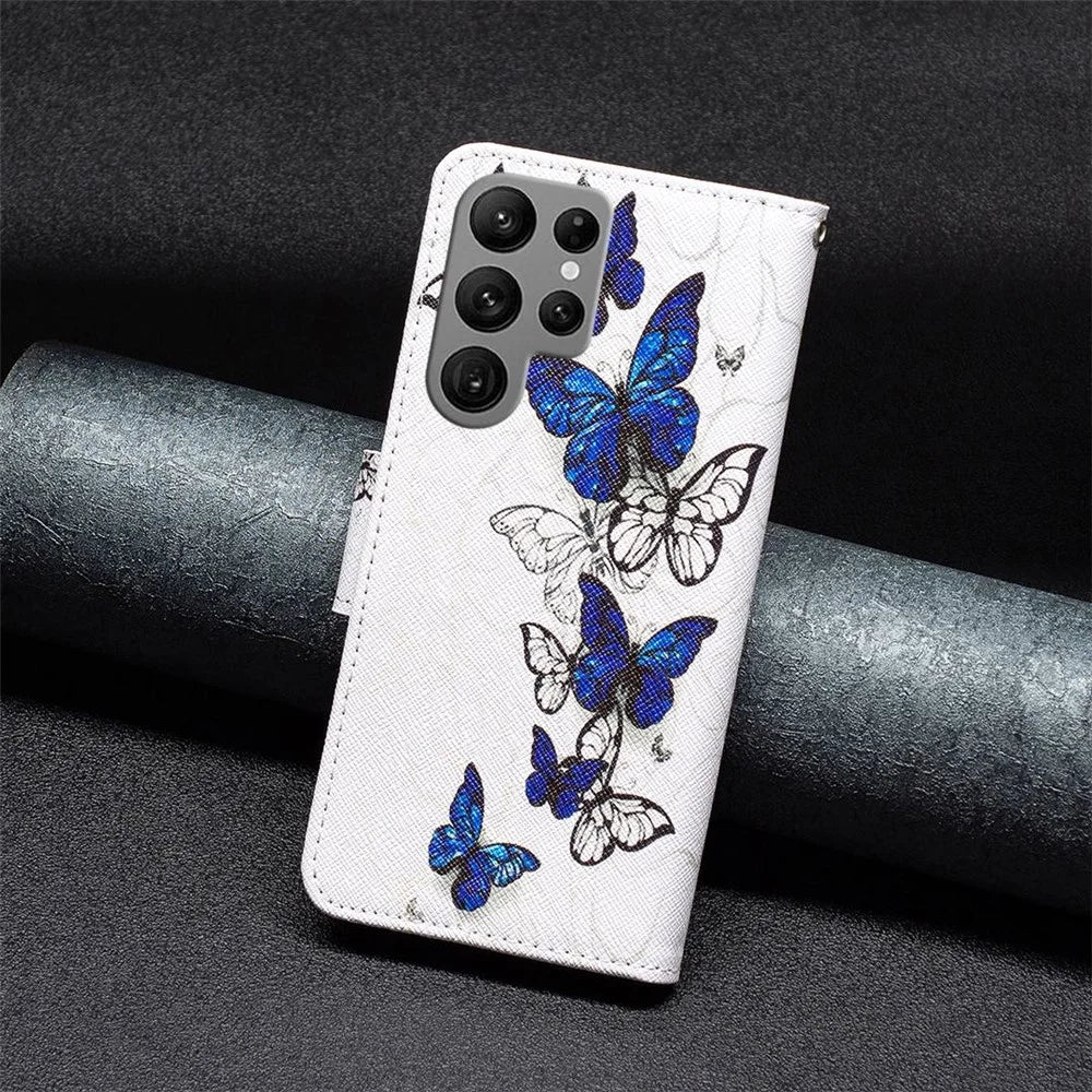 For Samsung Galaxy S23 Ultra Leather Case Pattern Printing Wallet Stand Flip Mobile Cover - Butterflies - 5