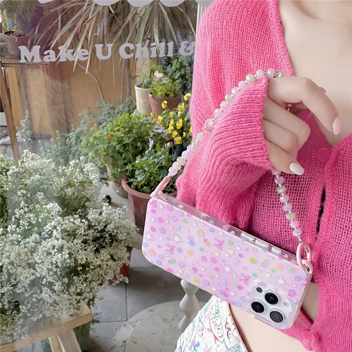 For iPhone 16 Pro Max Case IMD Star Design TPU Phone Cover with Beaded Strap - Pink - 3