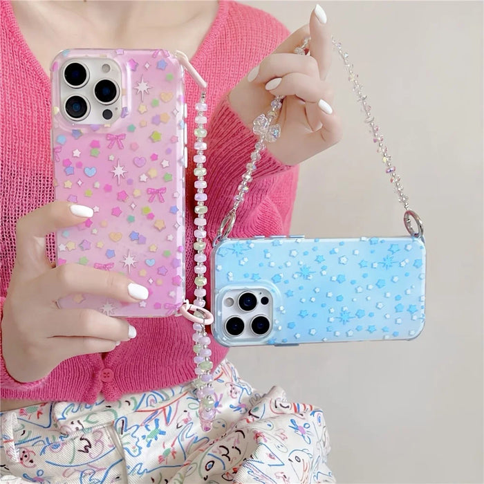 For iPhone 16 Pro Max Case IMD Star Design TPU Phone Cover with Beaded Strap - Pink - 5