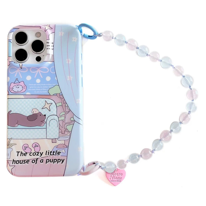 For iPhone 16 Pro Max Case IMD Cartoon Pattern TPU Phone Cover with Beaded Strap - Dachshund - 1