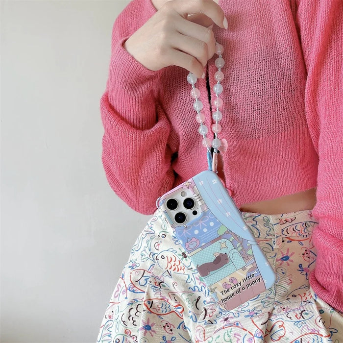 For iPhone 16 Pro Case IMD Cartoon Pattern TPU Phone Cover with Beaded Strap - Dachshund - 2