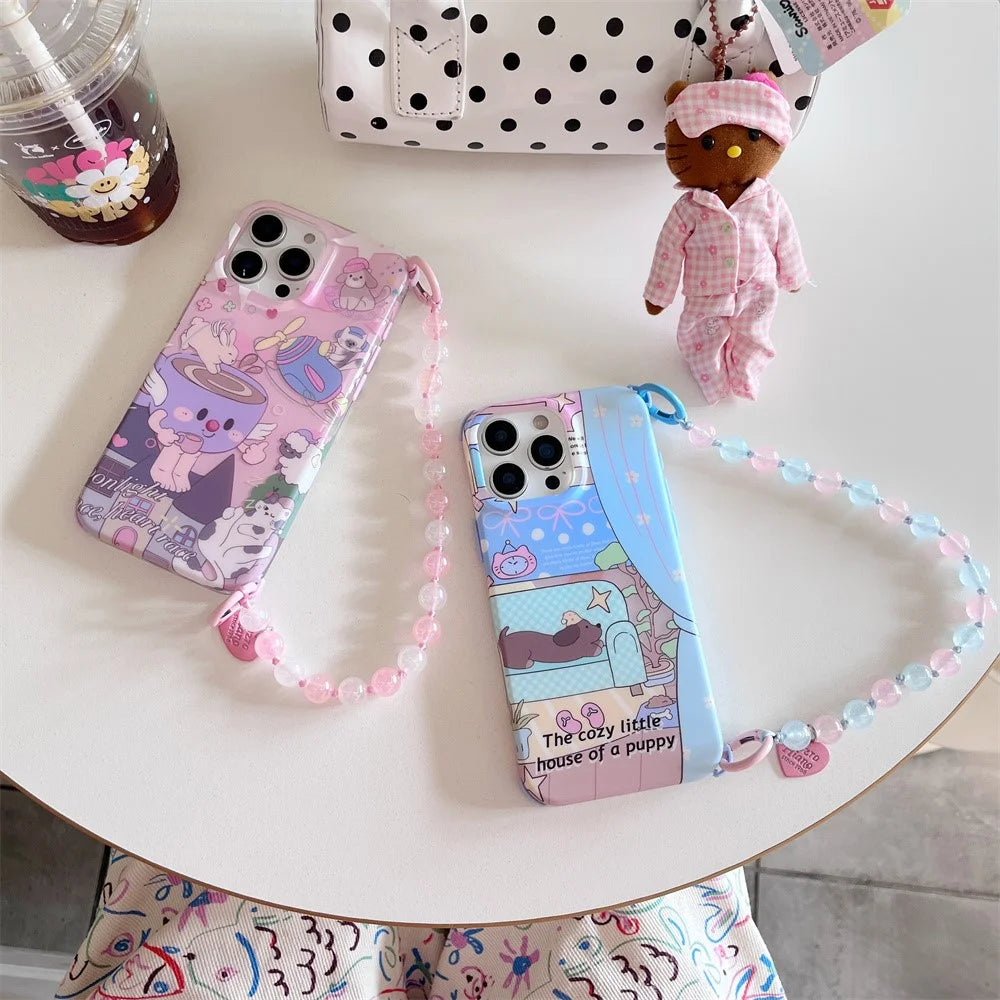 For iPhone 15 Pro Case IMD Cartoon Pattern TPU Phone Cover with Beaded Strap - Dachshund - 7