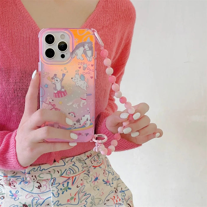 For iPhone 16 Pro Case IMD Cartoon Dogs TPU Phone Cover with Beaded Strap - 6