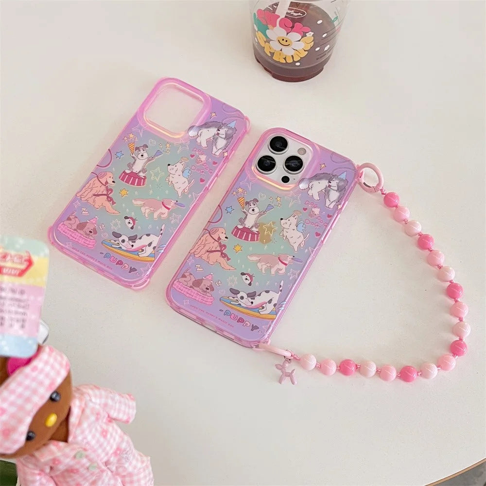 For iPhone 15 Pro Case IMD Cartoon Dogs TPU Phone Cover with Beaded Strap - 2