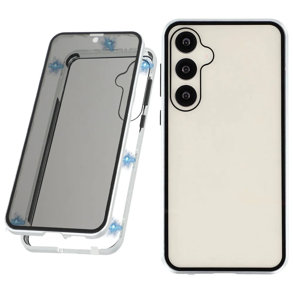 For Samsung Galaxy S25+ / S24+ Double-Sided Tempered Glass Phone Cover with Anti-Spy Screen Protector Magnetic Adsorption Metal Frame - Silver - 1