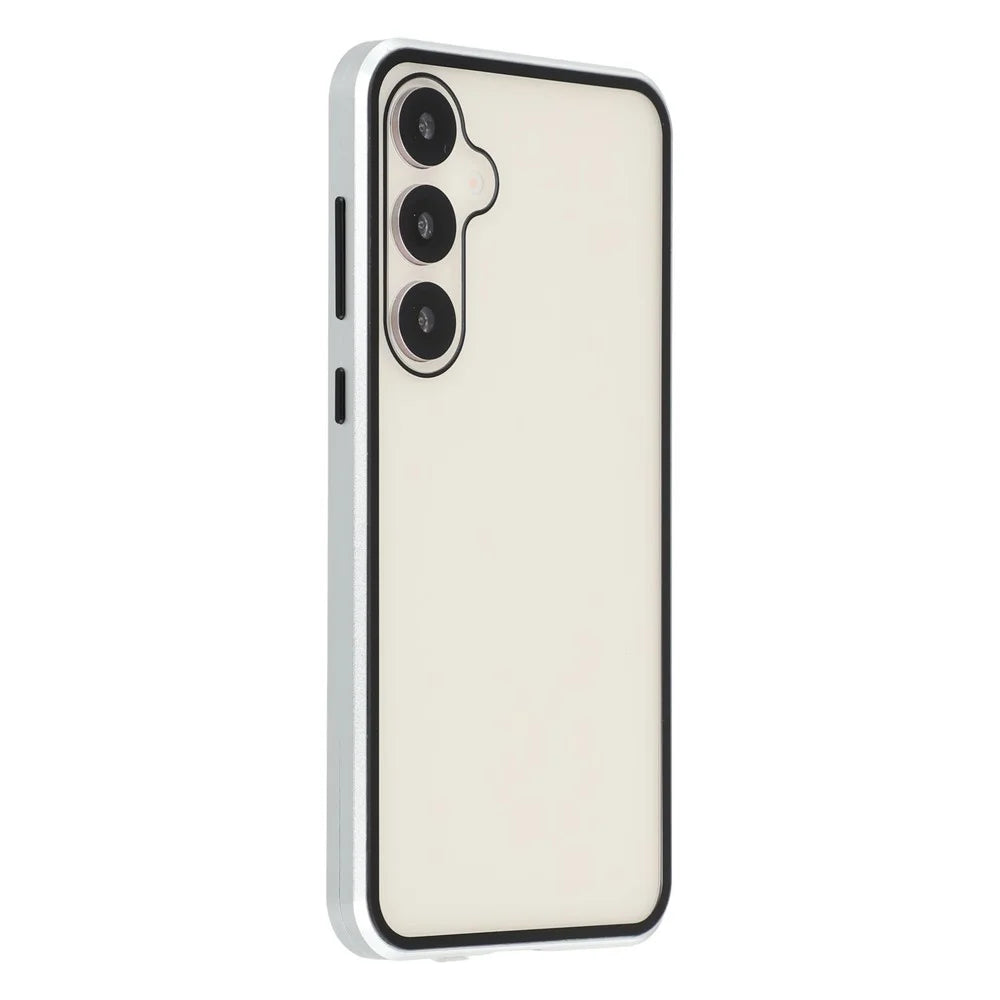 For Samsung Galaxy S25 / S24 Double-Sided Tempered Glass Phone Cover with Anti-Spy Screen Protector Magnetic Adsorption Metal Frame - Silver - 2