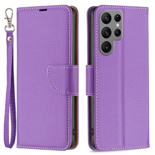 For Samsung Galaxy S23 Ultra Wallet Case Litchi Texture Flip Leather Mobile Cover Stand with Strap - Purple - 1
