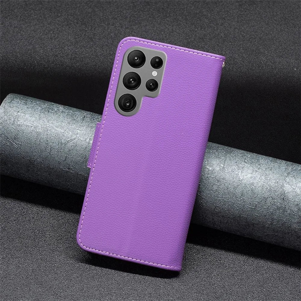 For Samsung Galaxy S23 Ultra Wallet Case Litchi Texture Flip Leather Mobile Cover Stand with Strap - Purple - 5