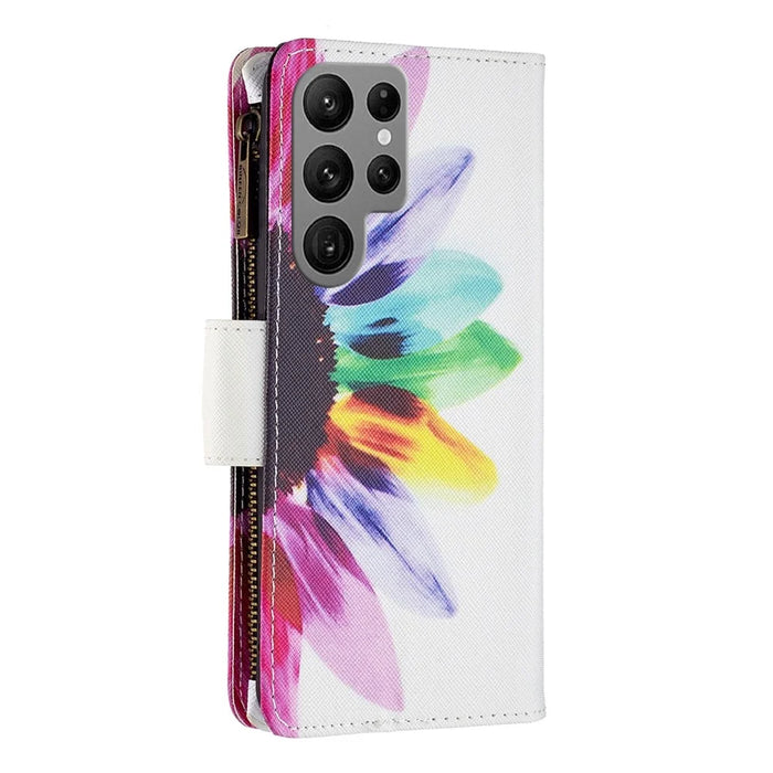 For Samsung Galaxy S23 Ultra Leather Case with Strap Pattern Printing Zipper Wallet Phone Stand Cover - Sunflower - 7