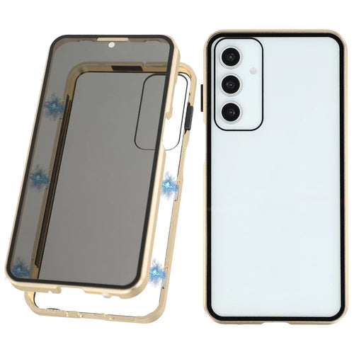 For Samsung Galaxy A16 5G / A16 4G Double-Sided Tempered Glass Phone Cover with Anti-Spy Screen Protector Magnetic Adsorption Metal Frame - Gold - 1