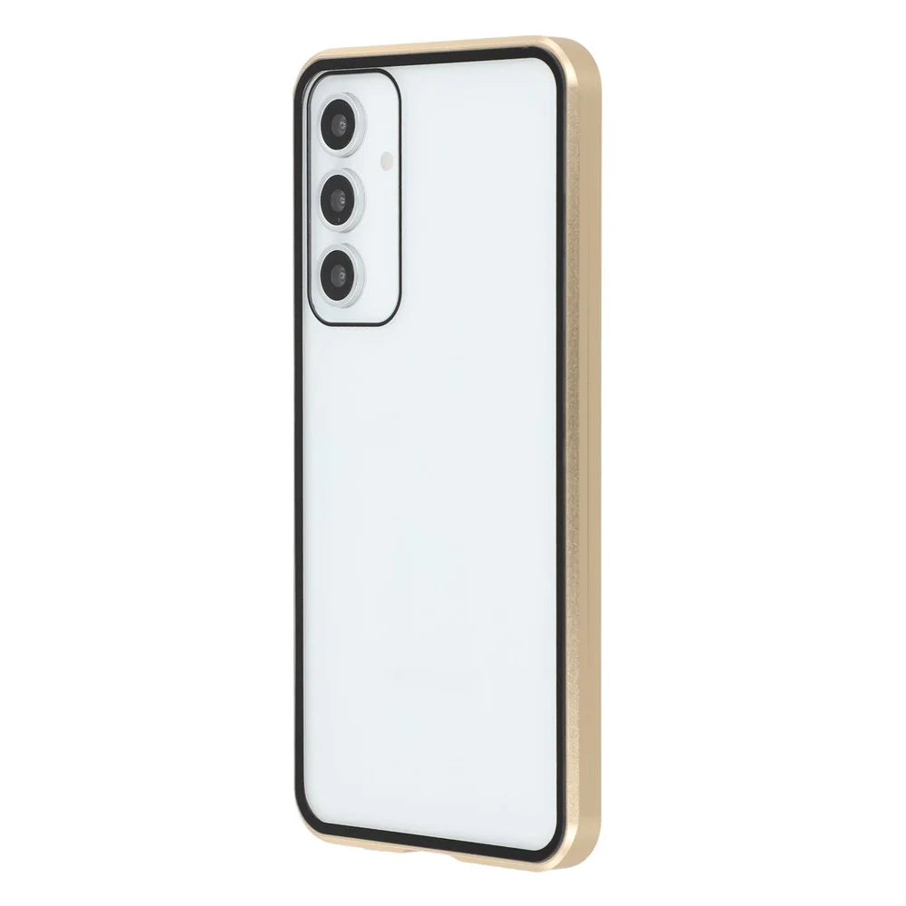 For Samsung Galaxy A16 5G / A16 4G Double-Sided Tempered Glass Phone Cover with Anti-Spy Screen Protector Magnetic Adsorption Metal Frame - Gold - 5