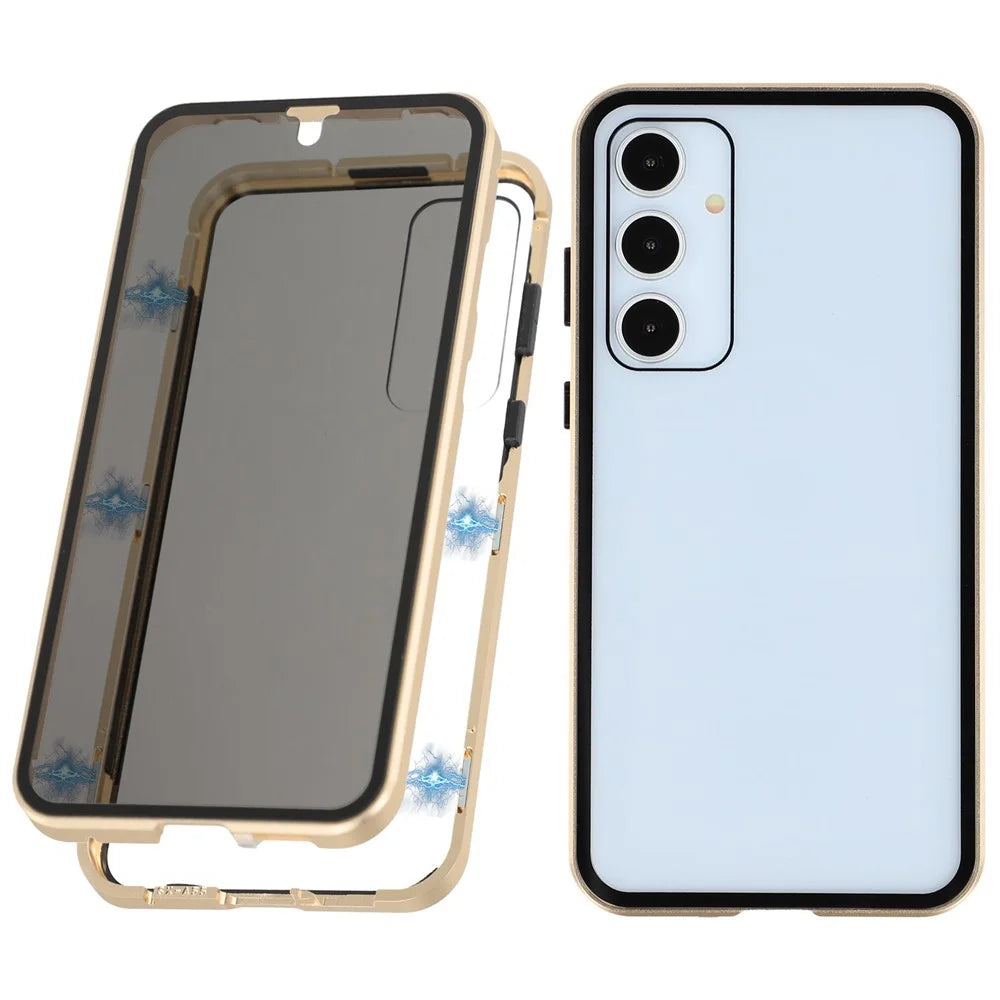 For Samsung Galaxy A55 5G Double-Sided Tempered Glass Phone Cover with Anti-Spy Screen Protector Magnetic Adsorption Metal Frame - Gold - 1