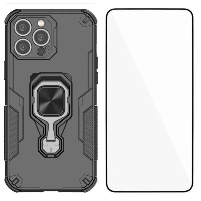WANLONFENG For iPhone 14 Pro Max Phone Case  PC TPU Back Cover Kickstand with Tempered Glass - Black - 1