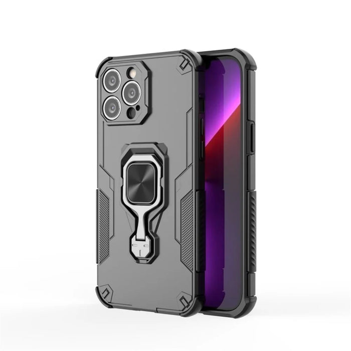 WANLONFENG For iPhone 14 Pro Max Phone Case  PC TPU Back Cover Kickstand with Tempered Glass - Black - 2
