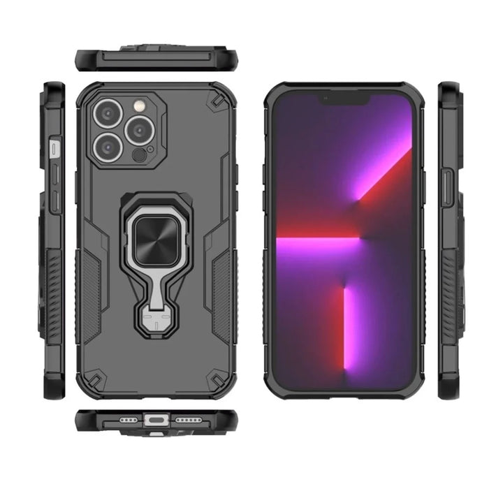 WANLONFENG For iPhone 14 Pro Max Phone Case  PC TPU Back Cover Kickstand with Tempered Glass - Black - 3
