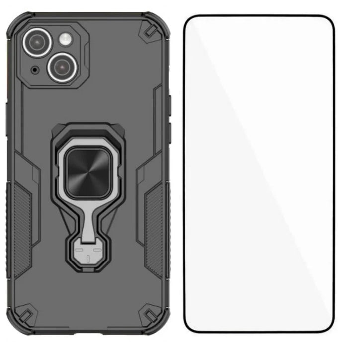WANLONFENG For iPhone 15 Phone Case  PC TPU Back Cover Kickstand with Tempered Glass - Black - 1