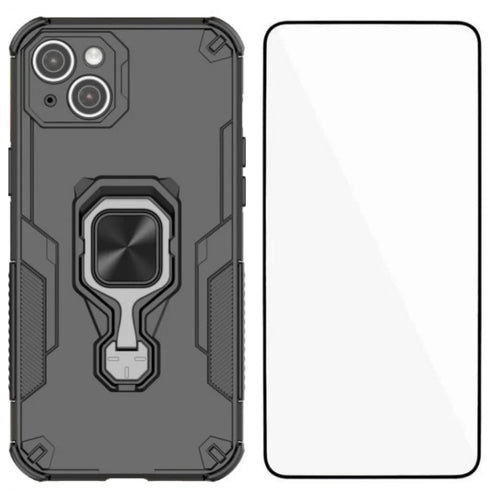 WANLONFENG For iPhone 13 6.1 inch Phone Case  PC TPU Back Cover Kickstand with Tempered Glass - Black - 1