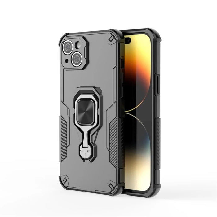 WANLONFENG For iPhone 13 6.1 inch Phone Case  PC TPU Back Cover Kickstand with Tempered Glass - Black - 2