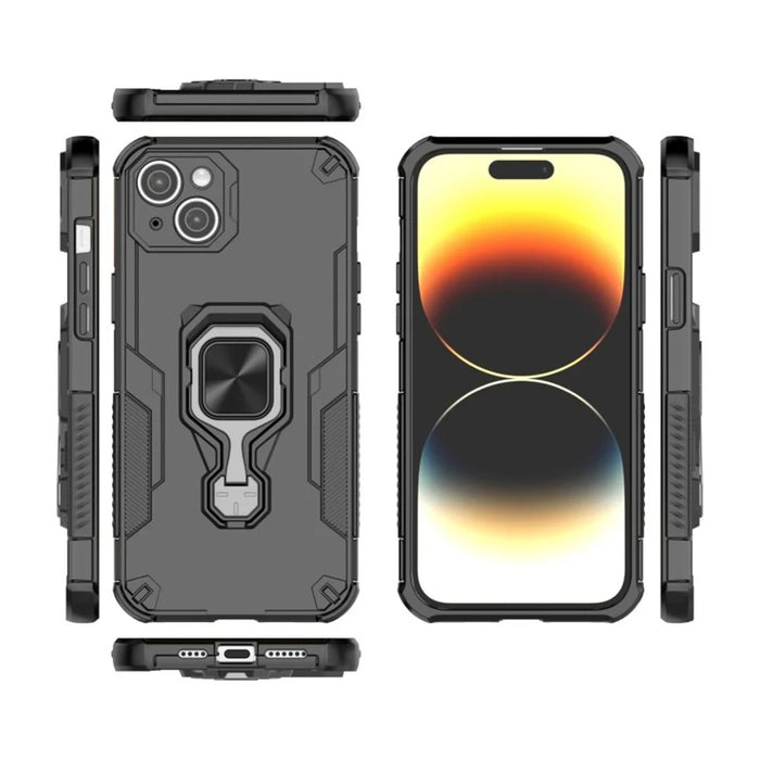 WANLONFENG For iPhone 13 6.1 inch Phone Case  PC TPU Back Cover Kickstand with Tempered Glass - Black - 3