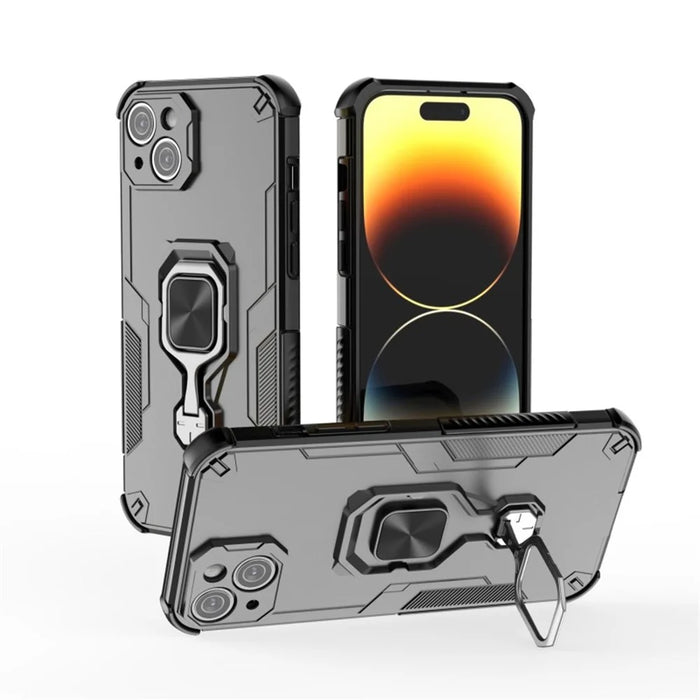 WANLONFENG For iPhone 13 6.1 inch Phone Case  PC TPU Back Cover Kickstand with Tempered Glass - Black - 5