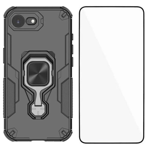 WANLONFENG For iPhone 17e / 16e Phone Case  PC TPU Back Cover Kickstand with Tempered Glass - Black - 1