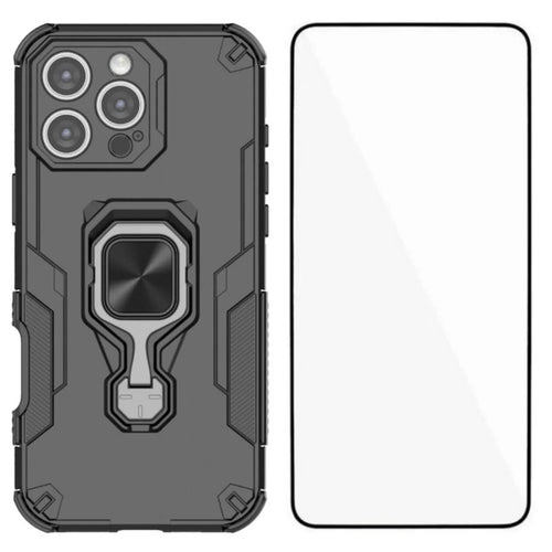 WANLONFENG For iPhone 16 Pro Max Phone Case  PC TPU Back Cover Kickstand with Tempered Glass - Black - 1