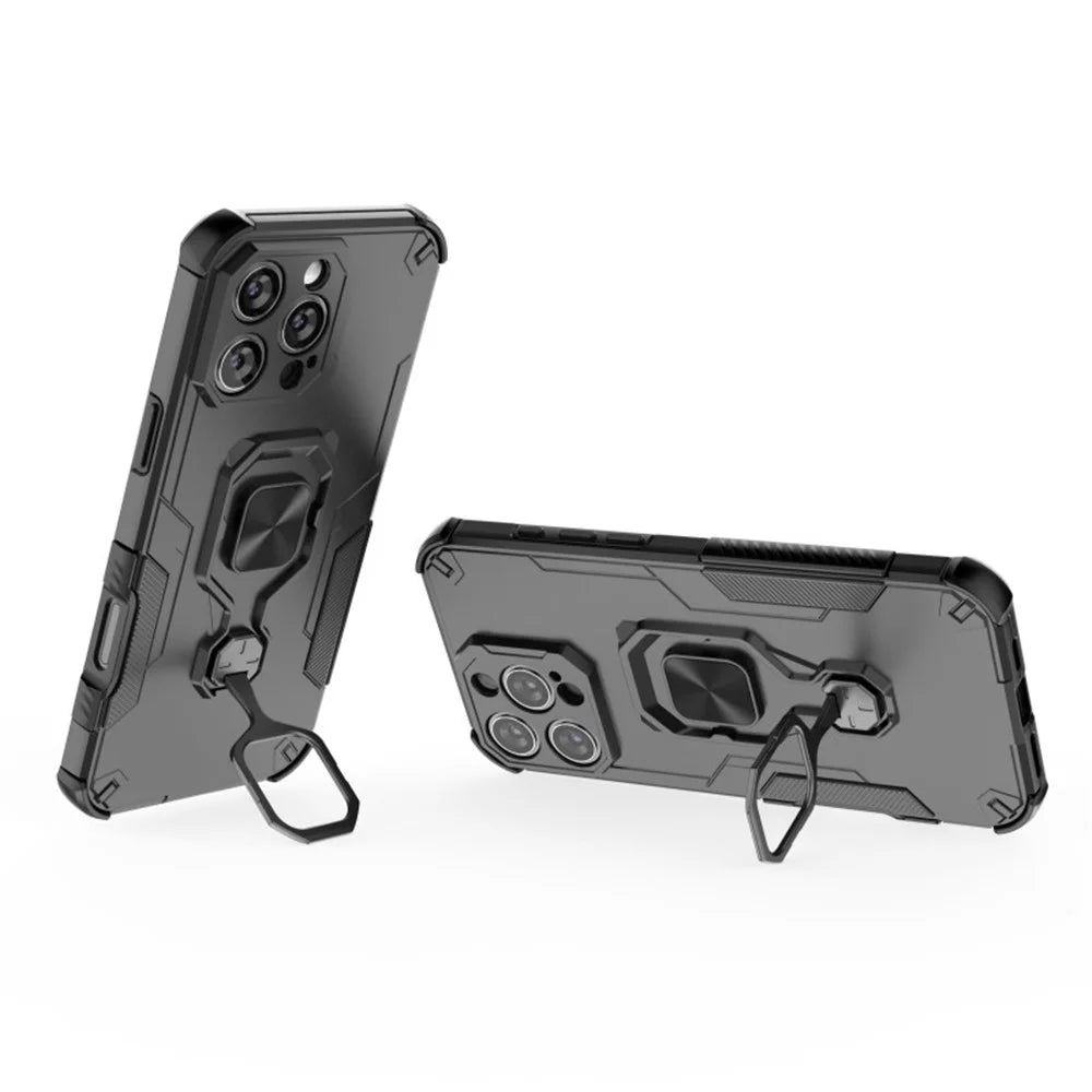 WANLONFENG For iPhone 16 Pro Phone Case  PC TPU Back Cover Kickstand with Tempered Glass - Black - 4