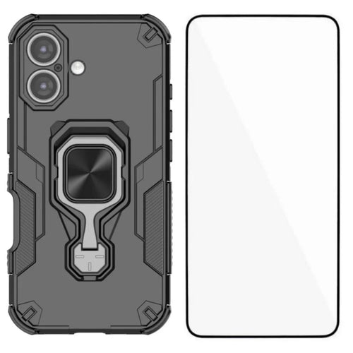 WANLONFENG For iPhone 16 Phone Case  PC TPU Back Cover Kickstand with Tempered Glass - Black - 1