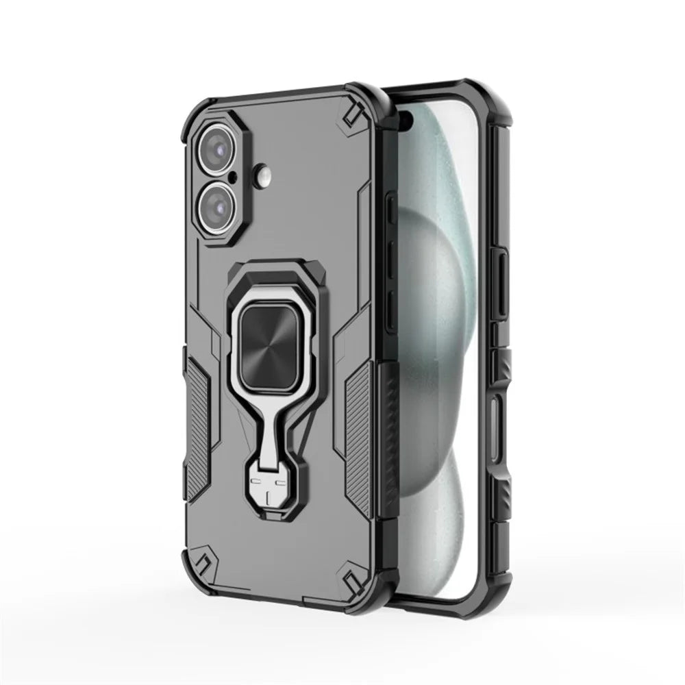 WANLONFENG For iPhone 16 Phone Case  PC TPU Back Cover Kickstand with Tempered Glass - Black - 2