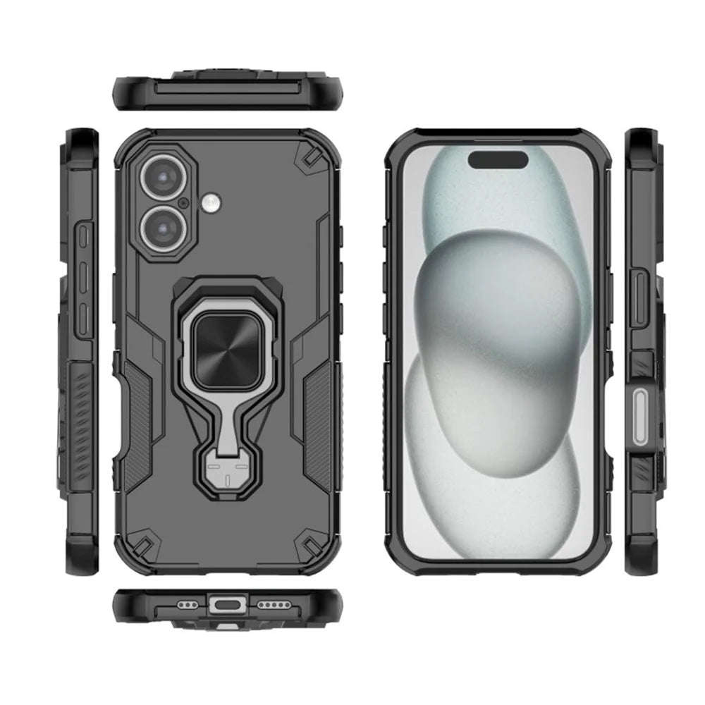 WANLONFENG For iPhone 16 Phone Case  PC TPU Back Cover Kickstand with Tempered Glass - Black - 3