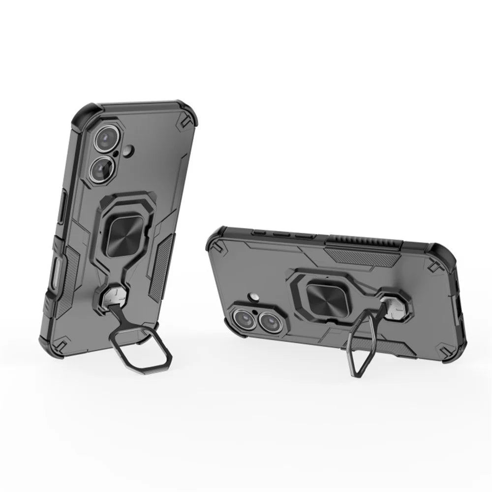 WANLONFENG For iPhone 16 Plus Phone Case  PC TPU Back Cover Kickstand with Tempered Glass - Black - 4